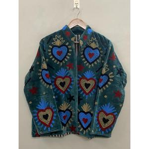 Hand Embroidered <b>Velvet</b> Knitted Cotton <b>Jacket</b> <b>Women</b> Mandarin Collar Full Sleeve Floral Pattern Open Front Prairie Winter/Spring - Product Image 1