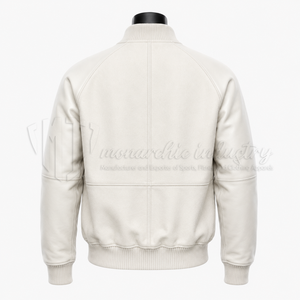 Chaqueta Varsity Blanca Premium, Cuerpo de Lana, Mangas de Cuero, Fabricante de Chaquetas Letterman Personalizadas - Product Image 2