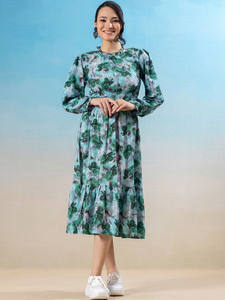 เดรสสีพื้นแขนบานทรงเอไลน์ความยาวปานกลาง ชุดเดรสทำงานสำหรับผู้หญิง แฟชั่นเดรสลายดอกไม้ทรงเอไลน์ความยาวปานกลาง ชุดเดรสคุณภาพดีที่สุด - Product Image 3