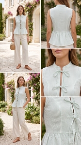 Haut sans manches rayé à col mandarin, à nouer devant, coupe droite, respirant, tissé 100% coton, décontracté au quotidien, ourlet évasé en A, naturel - Product Image 4