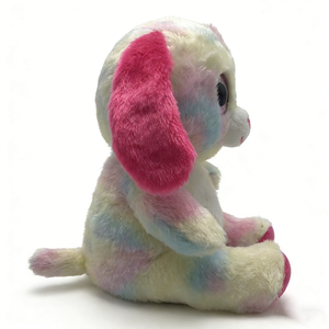 Conejito con efecto tie-dye en tonos pastel de rosa, azul y amarillo, orejas largas y flexibles de color rosa intenso y almohadillas para las patas, vientre y hocico blancos y esponjosos. - Product Image 2