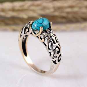 SHYAM JEWELRS Anillo de Plata 925 Hecho a Mano con Turquesa Floral y Gema Antigua, Unisex, Engaste Ovalado, para Boda o Aniversario - Product Image 4