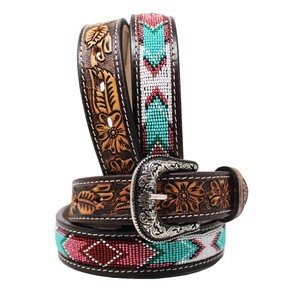 Cinturón Reversible de Cuero Vacuno con Patrón Geométrico de Cuentas y Hebilla Plateada Estilo Western, Cuero Pintado de Estilo Étnico - Product Image 3