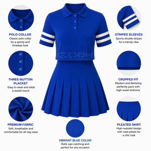 Cosh International Sisterhood Sorority Blue Sporty 2 Piece Set <b>Crop</b> Polo <b>Top</b> With White Stripes Pleated <b>Skirt</b> Spring Summer Wear - Product Image 5