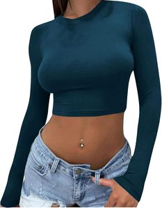 Breathable Long Sleeve short <b>top</b> style <b>Womens</b> casual <b>crop</b> o neck t shirt knitted cotton spandex - Product Image 3