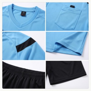 Custom Soccer <b>Referee</b> Uniform Set Light Blue Black V-Neck Short Sleeve Moisture Wicking Breathable Athletic Fit Adult Unisex - Product Image 4