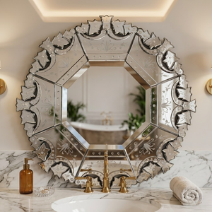 Premium Venetian Decorative Wall Mirror Round Shape with Octagonal Center and Intricate | Floral Etching <b>Antique</b> Style <b>Frame</b> - Product Image 2