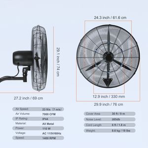 Ventilatore Industriale Oscillante da Parete ad Alta Velocità Impermeabile da 24 Pollici - 3 Velocità - Max 7000 CFM - Tipi di Spina AU/US - Product Image 6