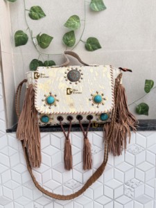 Bolso bohemio informal de piel para mujer, bolso de compras metálico con pelo en elegante acento de pelo sobre piel - Product Image 5