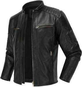Veste de moto d'hiver en PU véritable de qualité supérieure, écologique, teinte en pièce, pour homme, avec col montant classique et logo frontal - Product Image 6