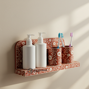 Handcrafted Wood Inlay Four-piece Eco-Friendly Easy Clean Bathroom Organizer <b>Set</b> Wall-Mounted Vanity Shelf Dual <b>Soap</b> Dispensers - Product Image 1