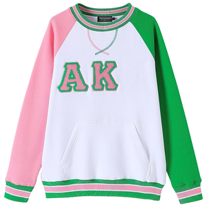 เสื้อสเวตเชิ้ตอัลฟ่า แคปป้า อัลฟ่า รุ่นปี 1908 สีชมพู-เขียว แบบคัลเลอร์บล็อก ผ้าฟลีซ สำหรับสมาชิกสมาคมนักศึกษาหญิง - Product Image 1