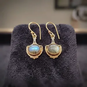 Boucles d'oreilles pendantes en laiton et labradorite bleue, pierres précieuses naturelles, bijoux faits à la main, vente en gros - Product Image 4