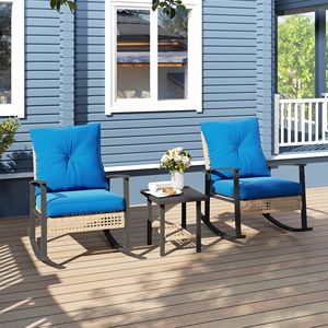 Set Bistrot Blu 3 Pezzi con Cuscini Trapuntati, Sedie a Dondolo in Rattan e Tavolino da Caffè - Set di Mobili in Vimini per Ospedali e Patii - Product Image 2