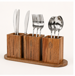 Handcrafted 3-Compartment Wooden Cutlery Holder Eco-Friendly Rustic Silverware <b>Caddy</b> & Utensil Organizer For <b>Kitchen</b> Countertop - Product Image 5