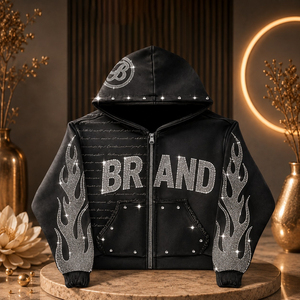 Sudadera con capucha personalizada negra con cremallera, diseño de llamas y pedrería, estilo oversize Y2K, streetwear, gráfico con tachuelas, vintage, de lujo, de tejido grueso, para invierno - Product Image 6