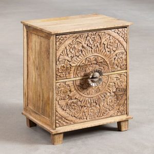 Solid Mango Wood Carved Nightstand Two Drawer <b>End</b> <b>Table</b> Bedroom Cabinet Floral Accent <b>Storage</b> - Product Image 1