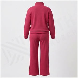 <b>Women</b> 100% Cotton Midweight Fleece Tracksuit Set Half-<b>Zip</b> Sweatshirt And Solid Color Pants Casual Autumn Wear - Product Image 2