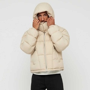 Mens Beige Hooded Puffer <b>Jacket</b> Windproof Thick Zipper Casual Winter Outerwear Custom <b>Waterproof</b> Warm <b>Padded</b> Front 340g Apparel - Product Image 5