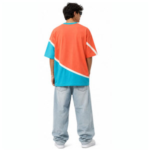 Camiseta de Manga Corta Oversize para Hombre Cool Boy, Diseño Casual con Estampado en Contraste Naranja y Azul, Cuello Redondo, Tejido con Relieve - Product Image 4