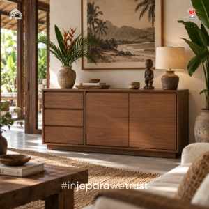 Buffet en teck massif finition noyer, 3 tiroirs, 2 portes, pour salon, hôtel, villa - Product Image 1