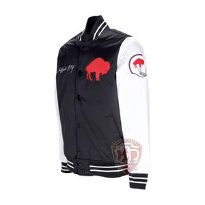 Veste universitaire en satin noir personnalisée pour hommes, veste bomber à manches blanches, vente en gros, broderie Buffalo, vêtements de sport pour équipe de baseball - Product Image 5