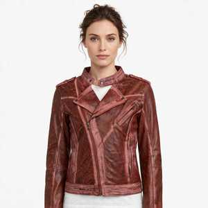 Veste en cuir marron pour femme, style moto, fermeture éclair, col rabattable, détails rivets - Product Image 6