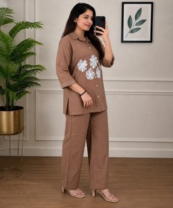 Women Brown Cotton Kurta <b>Palazzo</b> Set With <b>White</b> Floral Embroidery Casual Wear India Pakistan Style All Seasons 86468 SHAGUN - Product Image 1