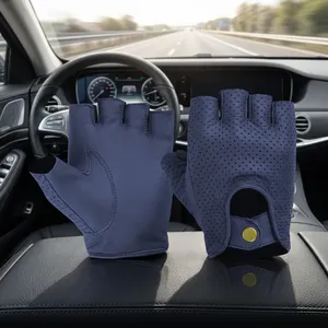 Guantes de Conducción Unisex de Cuero Azul sin Dedos, Transpirables, Perforados, con Correa de Muñeca Ajustable, para Uso en Todas las Estaciones - Product Image 3