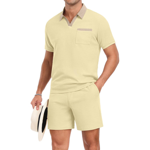 Nouvel ensemble polo et short blanc en coton pour homme 2026 avec poche, tenue décontractée d'été en tissu tricoté respirant - Product Image 5