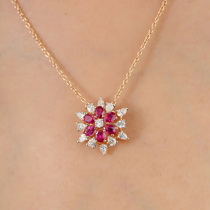 18K <b>Solid</b> Yellow <b>Gold</b> Floral Ruby <b>Pendant</b> Necklace - Product Image 1