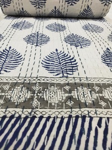 New Beautiful Blue White Hand Block Print Kantha <b>Quilt</b> Indian Cotton Handmade Bedspread Kantha Bedding Throw Kantha Queen/King - Product Image 1