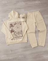 Ensemble sweat-shirt à capuche et pantalon long Voyager Cream, style décontracté unisexe, 100% coton, poids moyen, pour l'automne