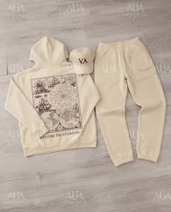 Ensemble sweat-shirt à capuche et pantalon long Voyager Cream, style décontracté unisexe, 100% coton, poids moyen, pour l'automne - Product Image 2
