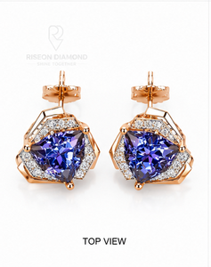 ต่างหูทรงเรขาคณิตสุดหรูหรา ทำจากทองคำขาวและทองคำโรส 18K ประดับด้วยพลอยสีม่วงทรงสามเหลี่ยมหกเหลี่ยมและเพชร - Product Image 3