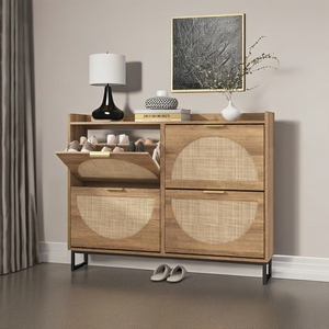 Meuble à chaussures en bois avec tiroirs rabattables, rangement dissimulé pour chaussures, design moderne, pieds en métal, meuble de salon - Product Image 3