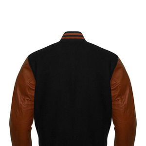 Men's Black Wool Varsity <b>Jacket</b> With Brown Leather Sleeves And Horn Buttons Casual Autumn Wear - Product Image 6