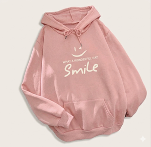 Sweat-shirt à capuche blanc pour femme avec imprimé sourire, pull décontracté, poche avant, coton tricoté, vêtement d'automne - Product Image 3