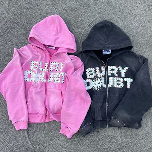 Customized Unisex Winter Oversized Hoodie Zipper Front Glitter Print Rhinestone Digital Printing Streetwear French Terry Cotton - Product Image 5