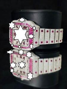 Nouvelle conception, montre mécanique de luxe faite à la main en acier inoxydable, boîtier carré, verre saphir, analogique, bouton poussoir, fermoir caché, moissanite rose - Product Image 5