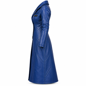 Abrigo Largo de Cuero Azul Rey Asimétrico con Cremallera para Mujer, Estilo Gabardina, Hecho a Medida (OEM/ODM) - Product Image 4