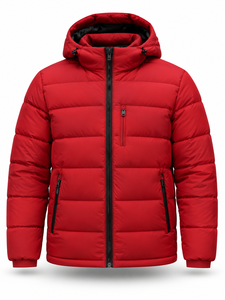<b>Men's</b> Red Hooded Puffer <b>Jacket</b> Windproof Zipper Closure Polyester Wadding Winter <b>Smart</b> Casual Coat Front Logo - Product Image 1