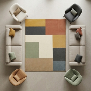 Tapis moderne tissé géométrique tufté à poils coupés en coton biologique, rectangulaire, antidérapant, pour salon, à poils moyens, design color block - Product Image 3
