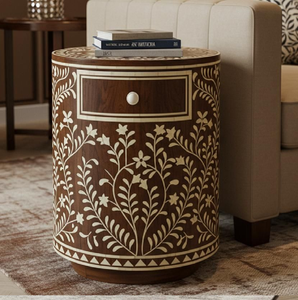 Mesa de almacenamiento con incrustaciones de hueso negro disponible a precios de mayorista. Mesa auxiliar redonda con motivo floral disponible a precios de mayorista. - Product Image 5