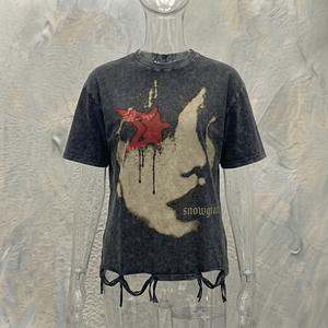 Snowgrace Men's Oversized T-Shirt Short Sleeve Washed Cotton High Street Style Printed O-Neck Design with Solid - Product Image 5