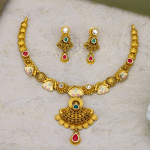 Traditional indian gold necklace set with temple design red green <b>stones</b> handcrafted bridal jewelry elegant festive wear style - Product Image 3