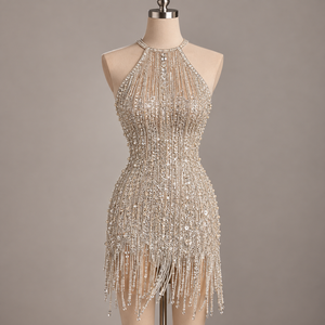 Halter Embroidered Beaded Fringe Vintage Luxury Organza Mini <b>Dress</b> Sheath Sheer Asymmetrical Hem <b>Extravagant</b> Prom Adult - Product Image 1