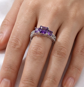 Bague en argent 925 avec trois pierres ovales violettes, bande florale en pierres précieuses, pour cadeau de mariage, à porter au quotidien - Product Image 2