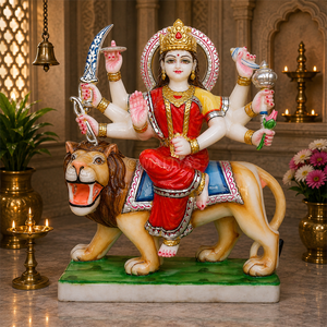 Mata Rani Marble Murti Seated on Lion | Handcrafted White Stone Goddess Statue with Golden Ornaments by MALIYAS Jaipur - Product Image 1