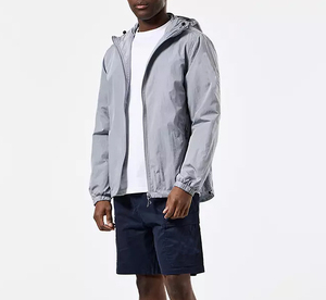 Veste coupe-vent à capuche grise pour homme, décontractée, fermeture éclair, polyester, longueur normale, couleur unie, coupe-vent - Product Image 3